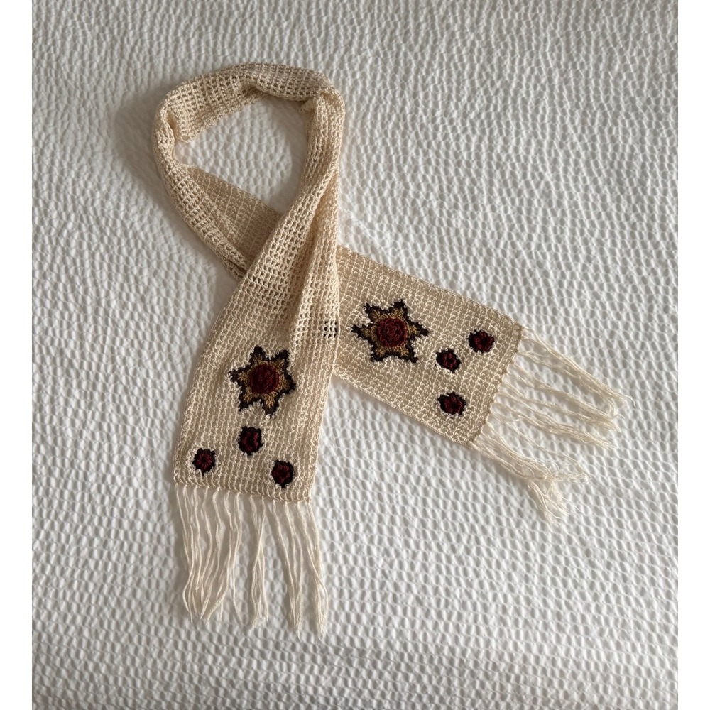 Cream Crochet Skinny Scarf Burgundy Floral Fringe Boho Y2K Cottagecore